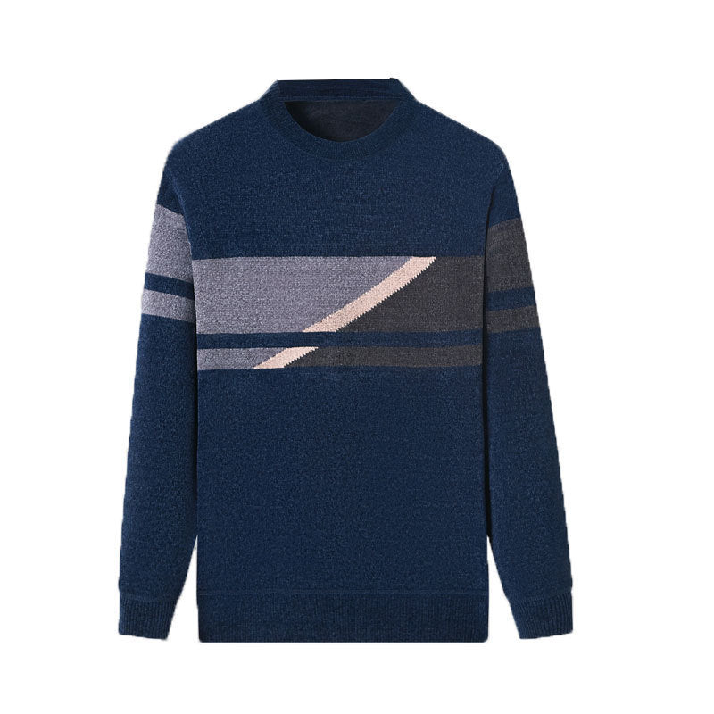 Striped Round Neck Chenille Sweater For Men With Fleece