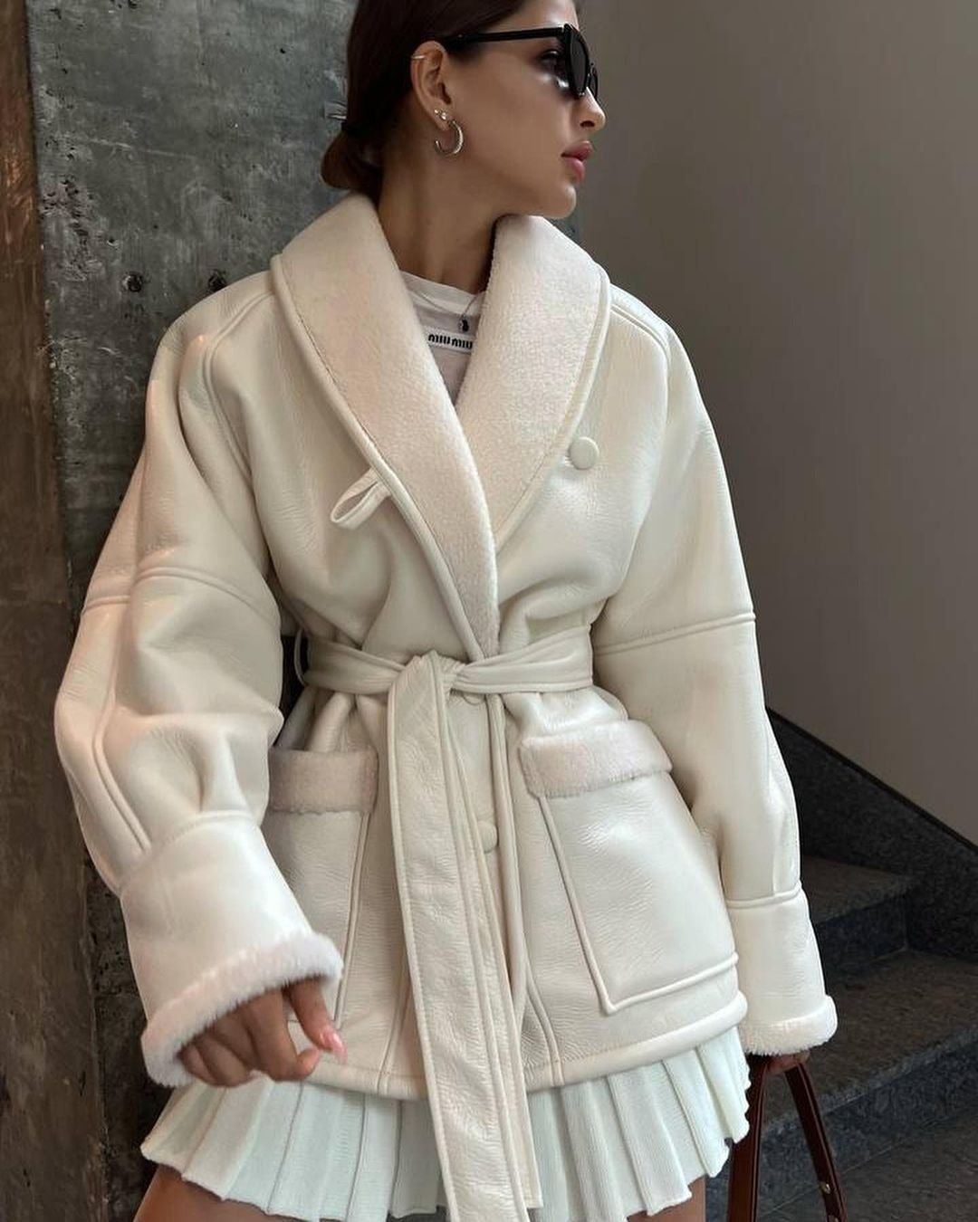 Leather And Fur Korean Style Long Sleeve Splicing Coat Women