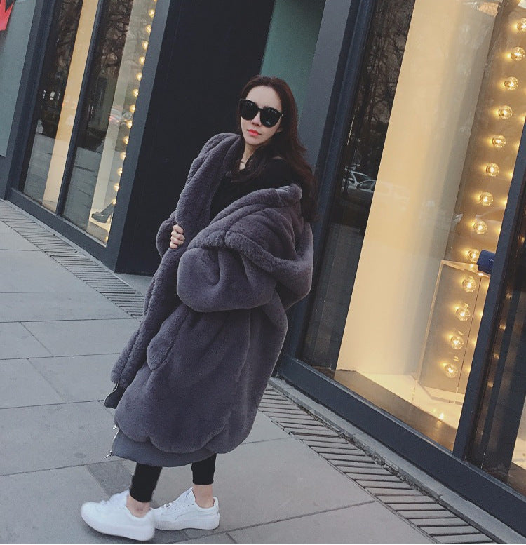 Autumn And Winter Thick Long Hooded Fur Coat