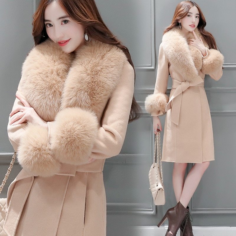 Women's long lace-up fur collar coat