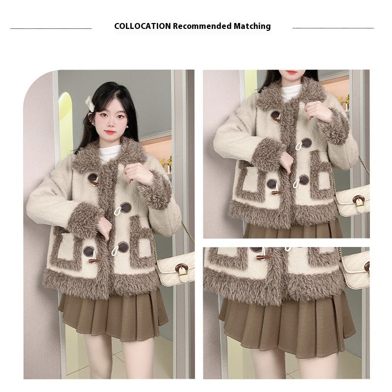 Horn Button Lamb Wool Coat Female Winter Fleece-lined