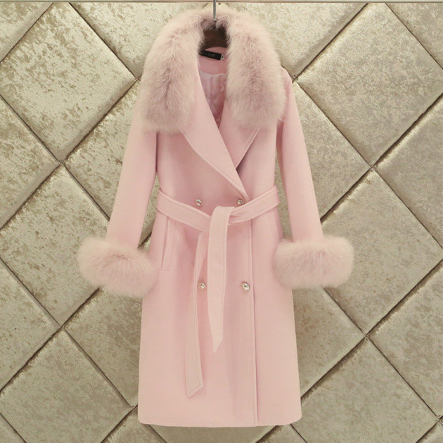 Slim-fit Large Fur Collar Lengthened Thick Woolen Coat