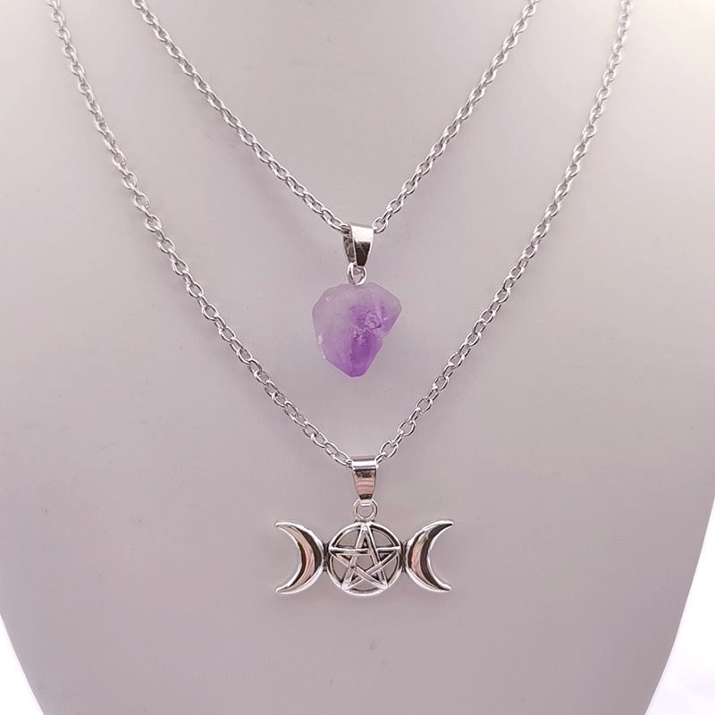 Natural Amethyst Cluster Necklace Pentagram Sun Pendant