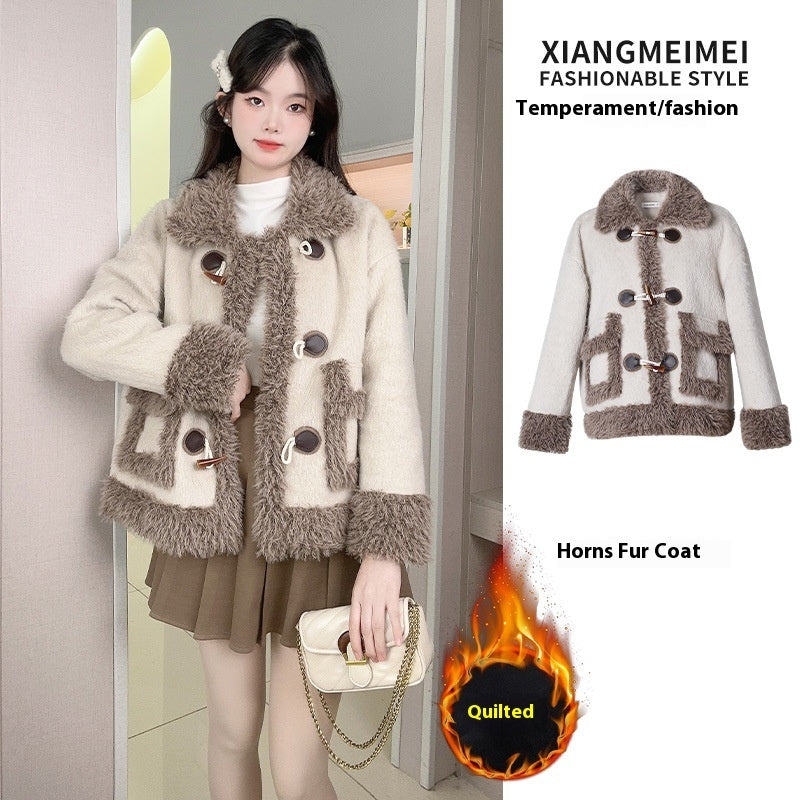 Horn Button Lamb Wool Coat Female Winter Fleece-lined