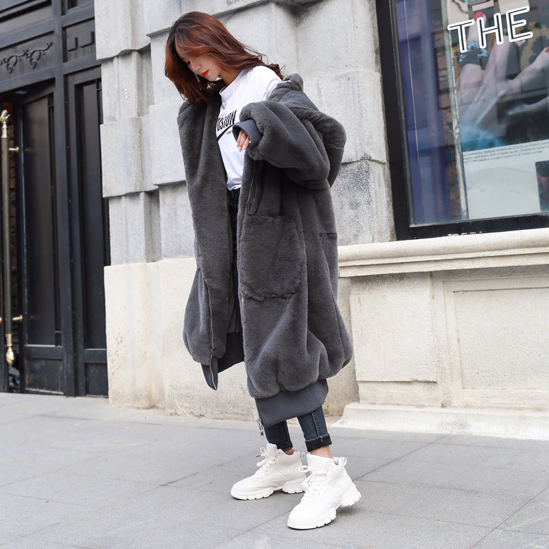 Autumn And Winter Thick Long Hooded Fur Coat