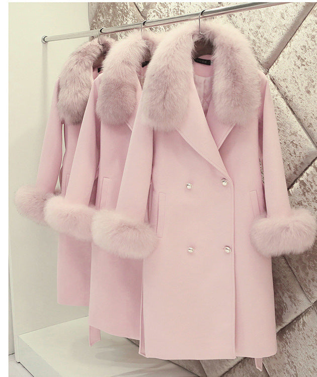 Slim-fit Large Fur Collar Lengthened Thick Woolen Coat