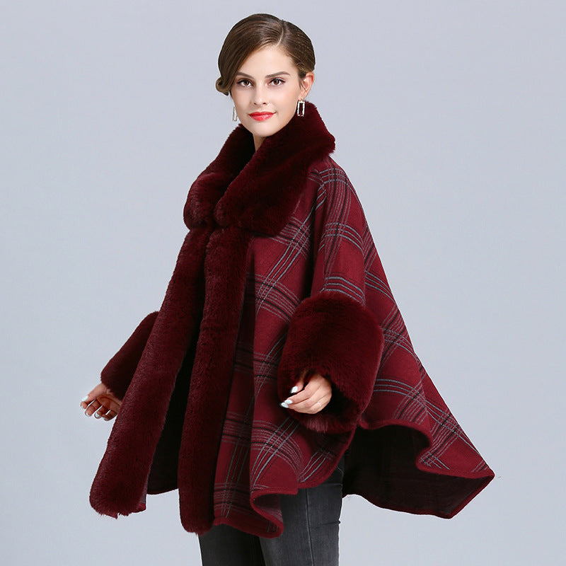 Fashion Plaid Poncho Women Faux Fox Fur Neck Cape Winter