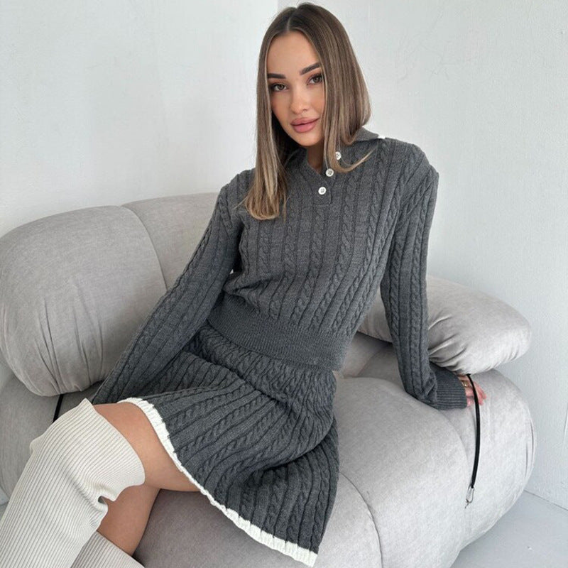 Long Sleeve Knitted Button Sweater Dress Suit Women