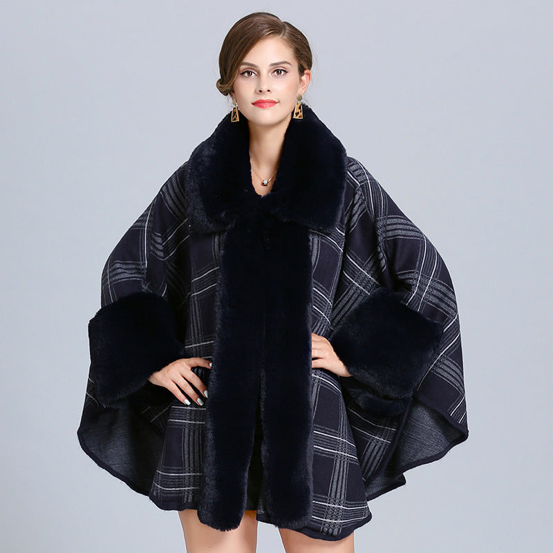 Fashion Plaid Poncho Women Faux Fox Fur Neck Cape Winter